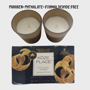 1 package of Koze Place Cozy Woods & Amber scented candle duo